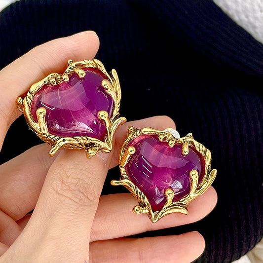 Vintage Purple Jelly Glass Heart Gold Stud Earrings