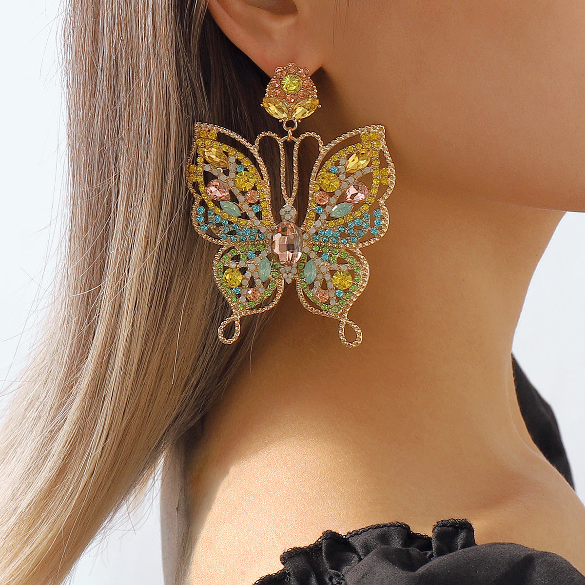 Vintage Rhinestone Hollow Butterfly Earrings Retro Earrings