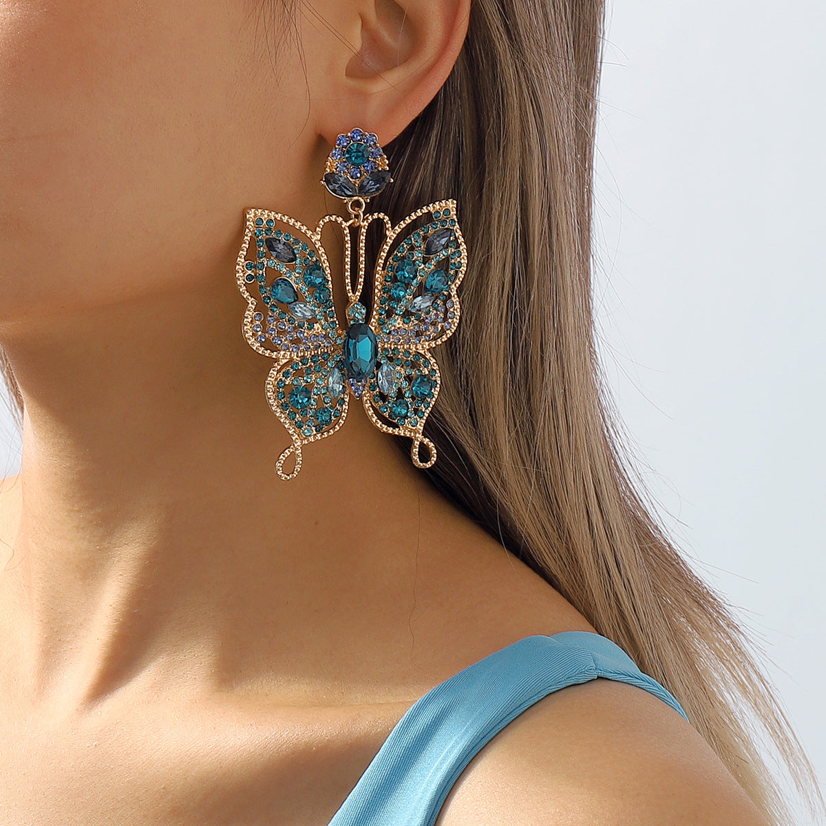 Vintage Rhinestone Hollow Butterfly Earrings Retro Earrings