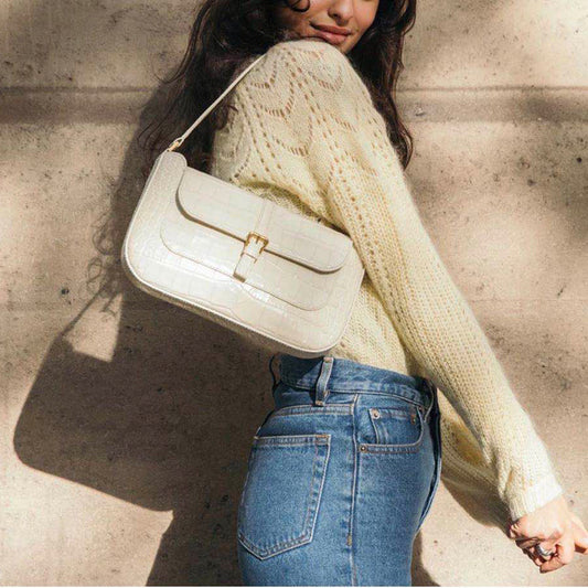 White Croc Print Shoulder Flap Square Hobo Bag