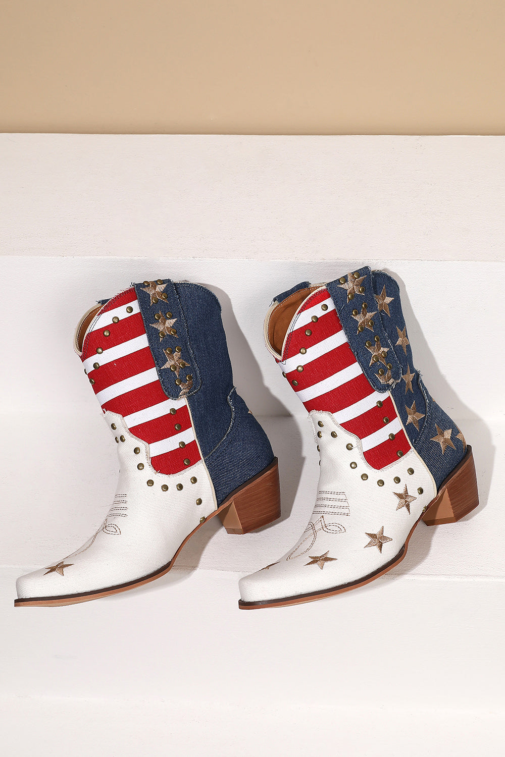 White Denim and Veagen Leather Star Classic Western Boots  Retro Studs Women's Cowboy Boots