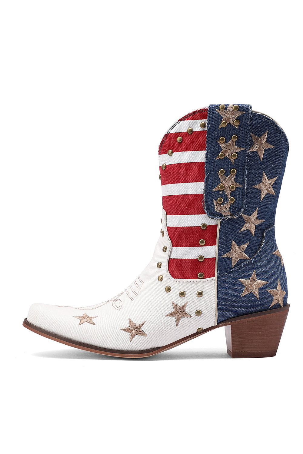 White Denim and Veagen Leather Star Classic Western Boots  Retro Studs Women's Cowboy Boots