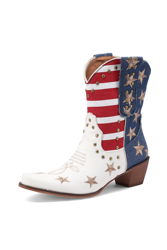 White Denim and Veagen Leather Star Classic Western Boots  Retro Studs Women's Cowboy Boots