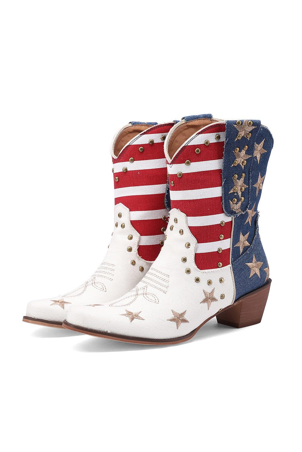 White Denim and Veagen Leather Star Classic Western Boots  Retro Studs Women's Cowboy Boots