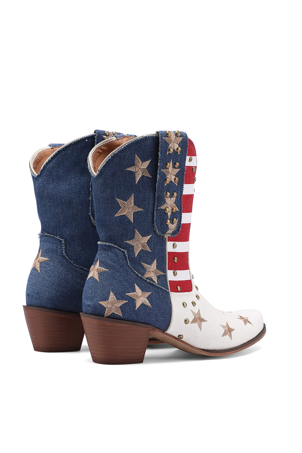 White Denim and Veagen Leather Star Classic Western Boots  Retro Studs Women's Cowboy Boots