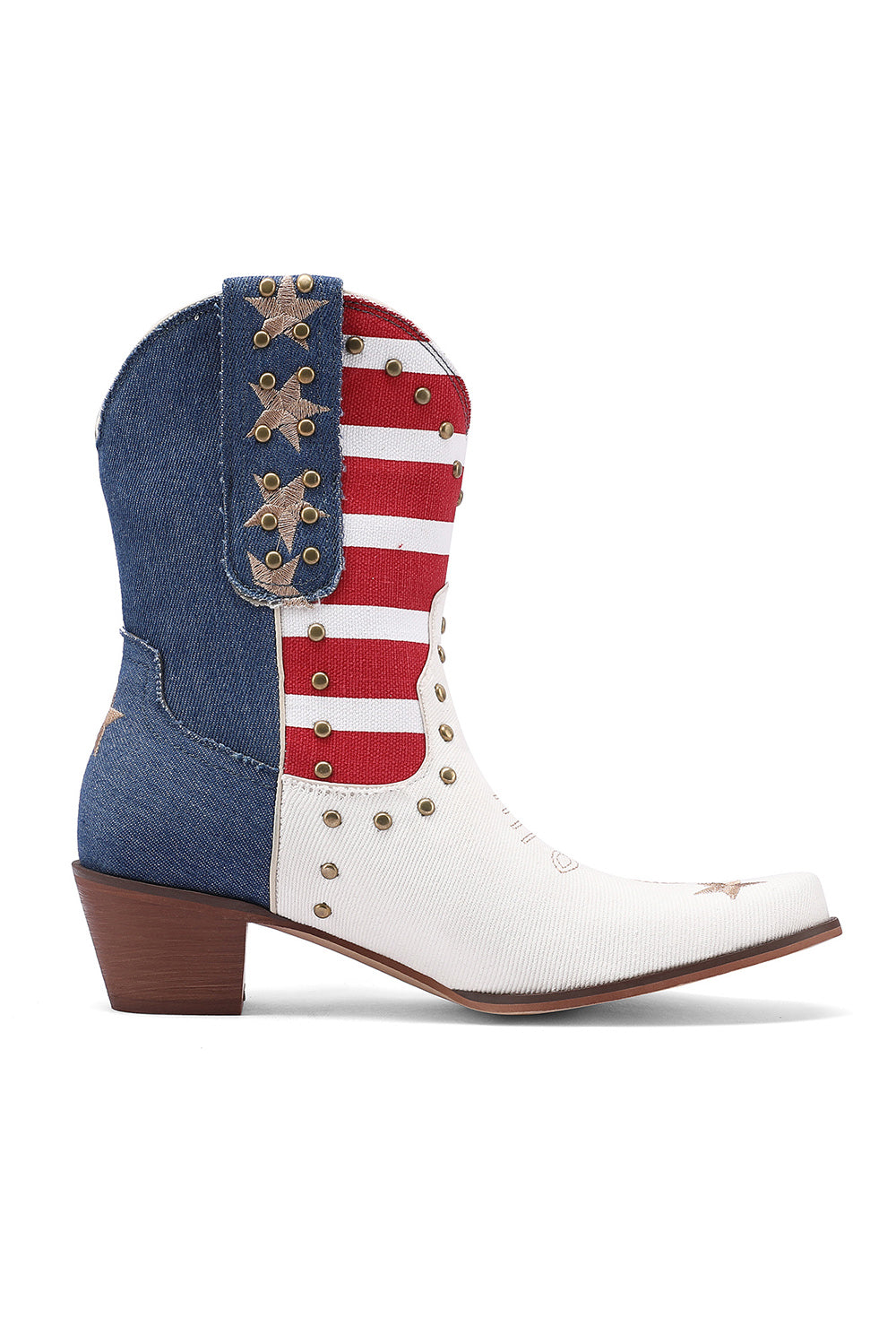 White Denim and Veagen Leather Star Classic Western Boots  Retro Studs Women's Cowboy Boots