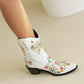 White Embroidery Floral Western Cowboy Boots Block Heel Mid-Calf Boots