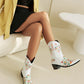 White Embroidery Floral Western Cowboy Boots Block Heel Mid-Calf Boots