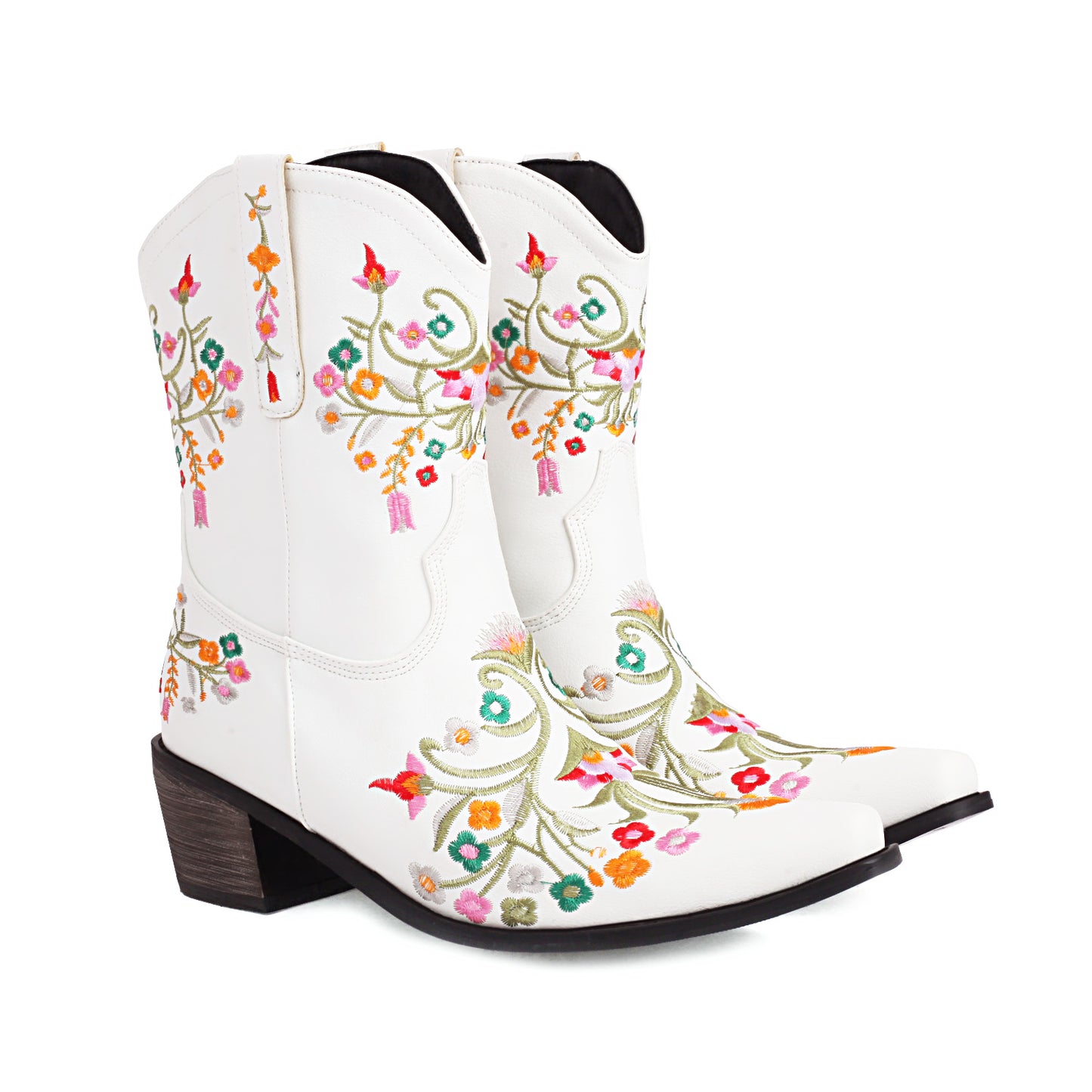 White Embroidery Floral Western Cowboy Boots Block Heel Mid-Calf Boots