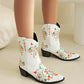 White Embroidery Floral Western Cowboy Boots Block Heel Mid-Calf Boots