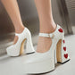 White Heart Chunky Heel Pointed Toe Platform Heel Mary Jane Pumps