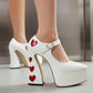 White Heart Chunky Heel Pointed Toe Platform Heel Mary Jane Pumps