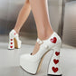 White Heart Chunky Heel Pointed Toe Platform Heel Mary Jane Pumps