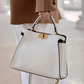 White Leather Satchel Handbag with Metal Lock Bag