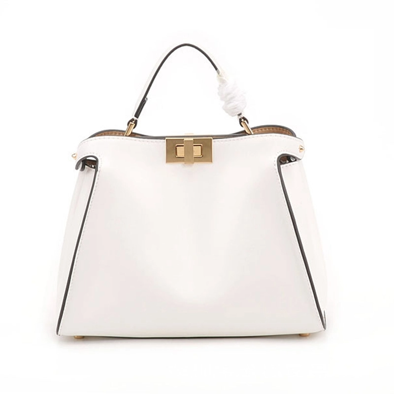 White Leather Satchel Handbag with Metal Lock Bag