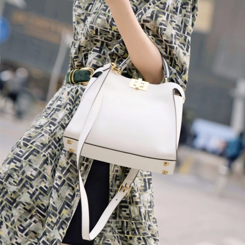 White Leather Satchel Handbag with Metal Lock Bag