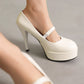 White Patent Leather Almond Toe Stiletto Heel Mary Jane Pumps