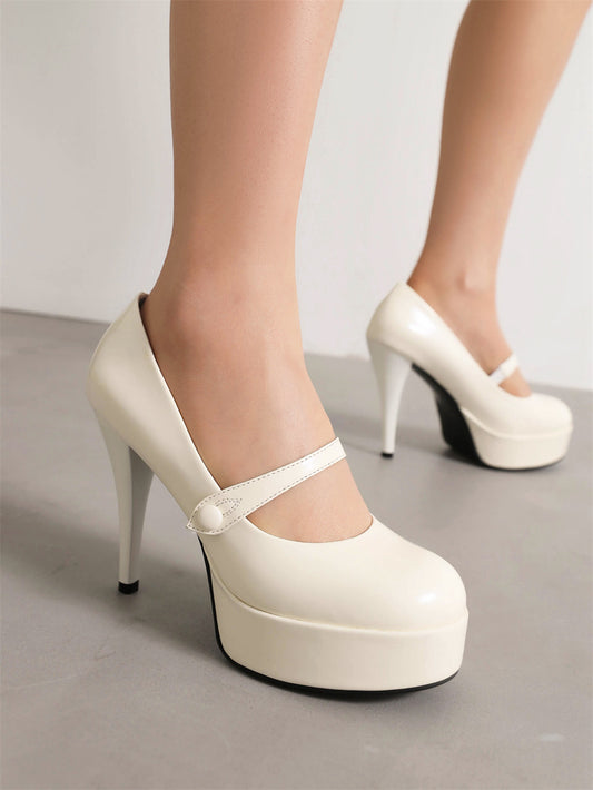 White Patent Leather Almond Toe Stiletto Heel Mary Jane Pumps