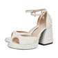 White Pearl Block Heel Ankle Strap Platform Wedding Sandals