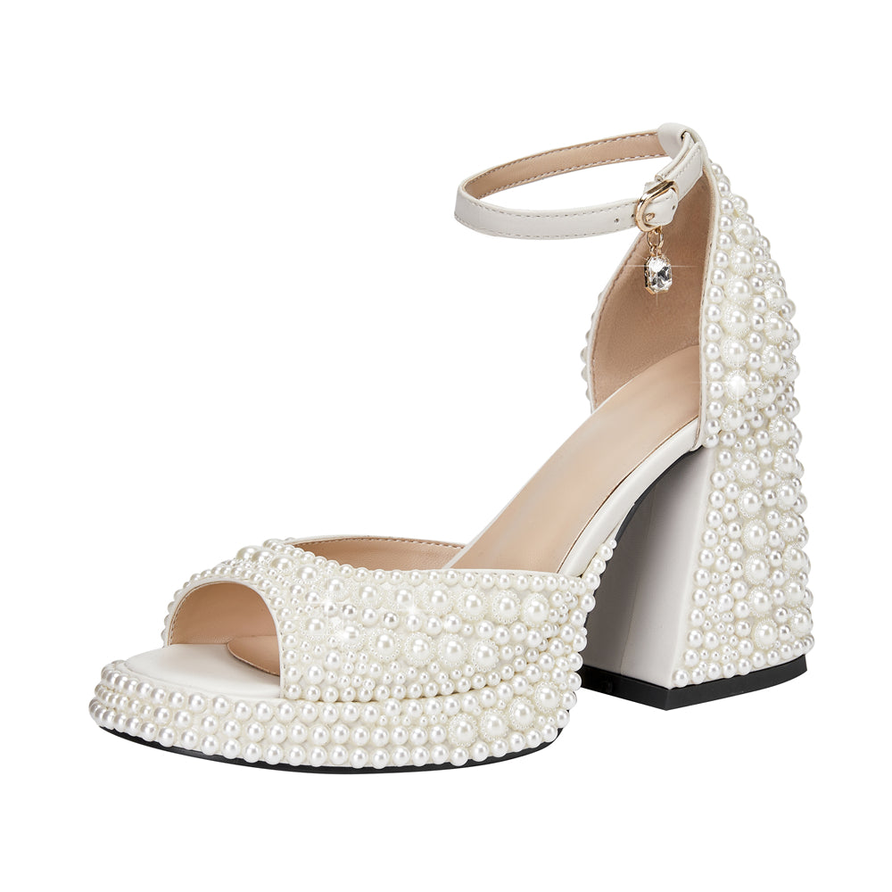 White Pearl Block Heel Ankle Strap Platform Wedding Sandals