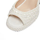 White Pearl Block Heel Ankle Strap Platform Wedding Sandals