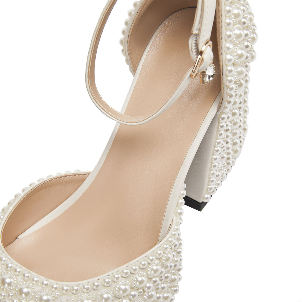 White Pearl Block Heel Ankle Strap Platform Wedding Sandals