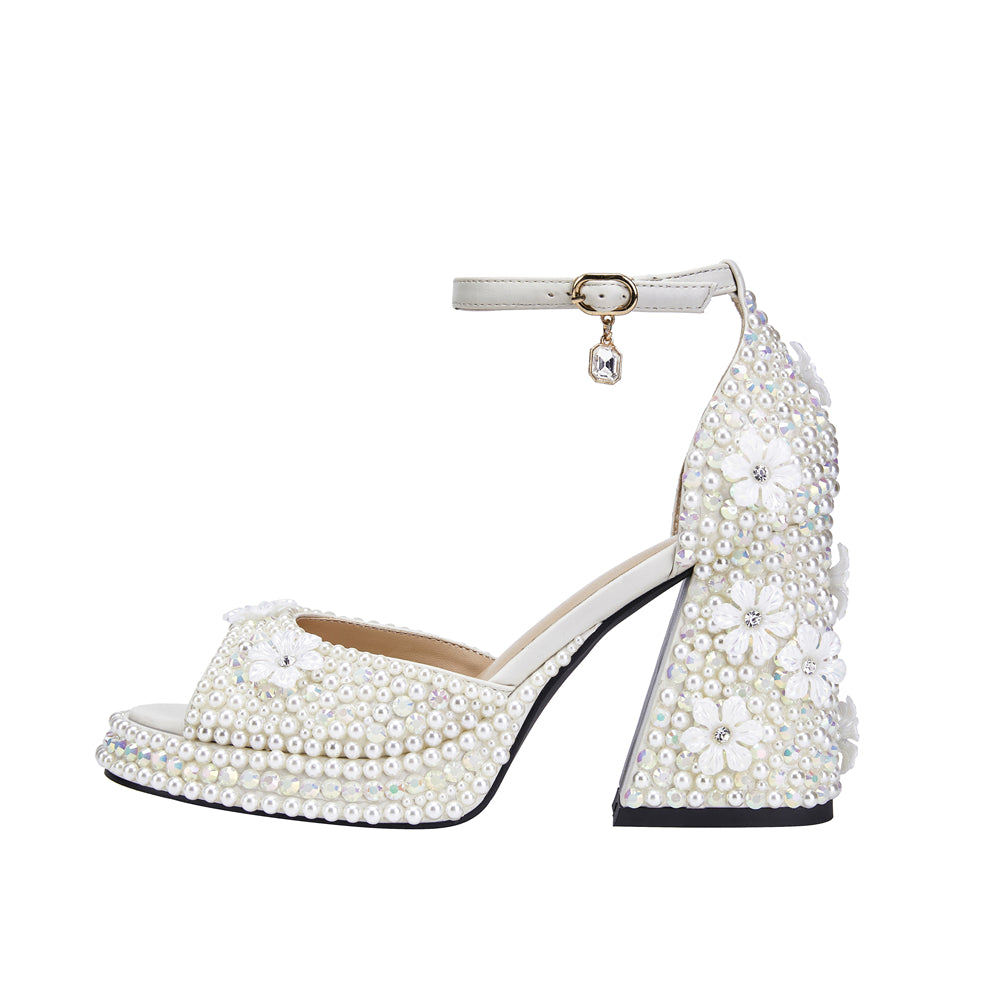 White Pearl Floral Block Heel Ankle Strap Platform Wedding Sandals