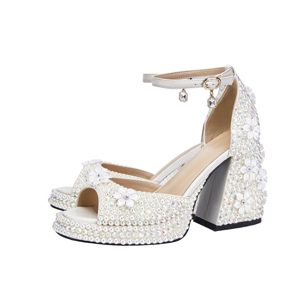 White Pearl Floral Block Heel Ankle Strap Platform Wedding Sandals