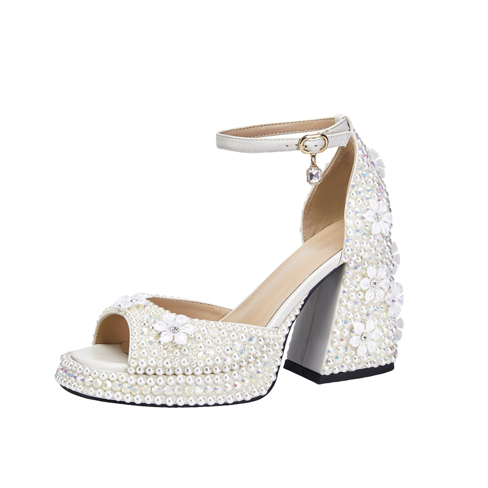 White Pearl Floral Block Heel Ankle Strap Platform Wedding Sandals