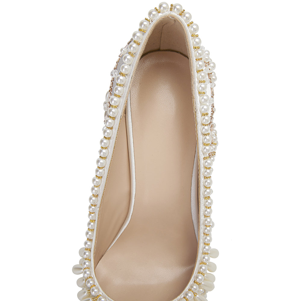 <tc>White Pearl Pointed Toe Stiletto Heels Wedding Pumps</tc>