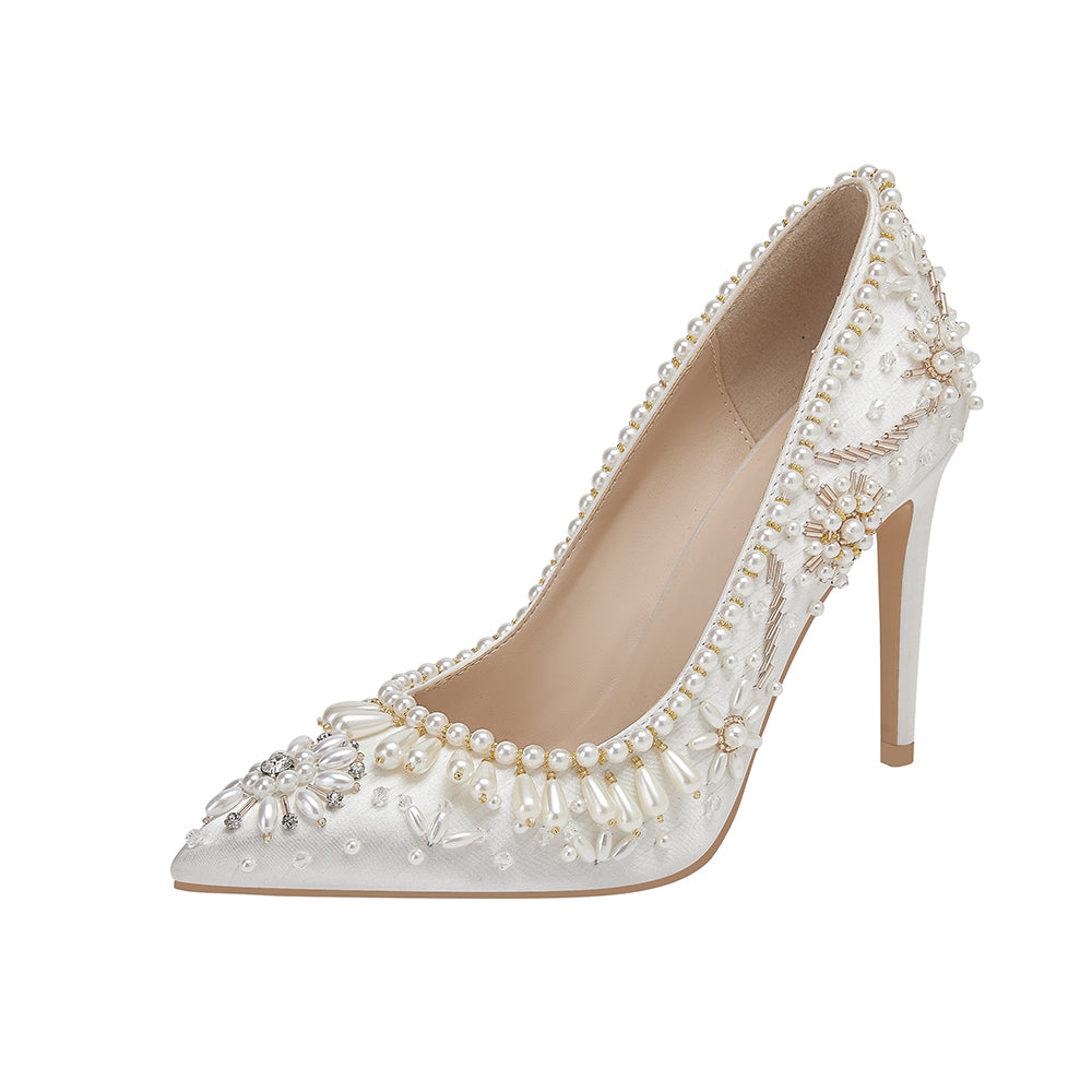 <tc>White Pearl Pointed Toe Stiletto Heels Wedding Pumps</tc>