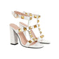 White Rivet Chunky Heel T-Strap Sandals