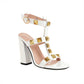 White Rivet Chunky Heel T-Strap Sandals