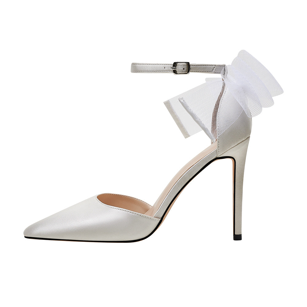 White Satin Pointed Toe Stiletto Heel Ankle Strap Pumps D'orsay Heels