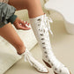 <tc>White Patent Leather Pointed Toe Block Heel Lace up Knee High Boots</tc>