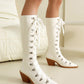 <tc>White Patent Leather Pointed Toe Block Heel Lace up Knee High Boots</tc>