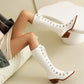 <tc>White Patent Leather Pointed Toe Block Heel Lace up Knee High Boots</tc>