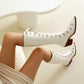 <tc>White Patent Leather Pointed Toe Block Heel Lace up Knee High Boots</tc>