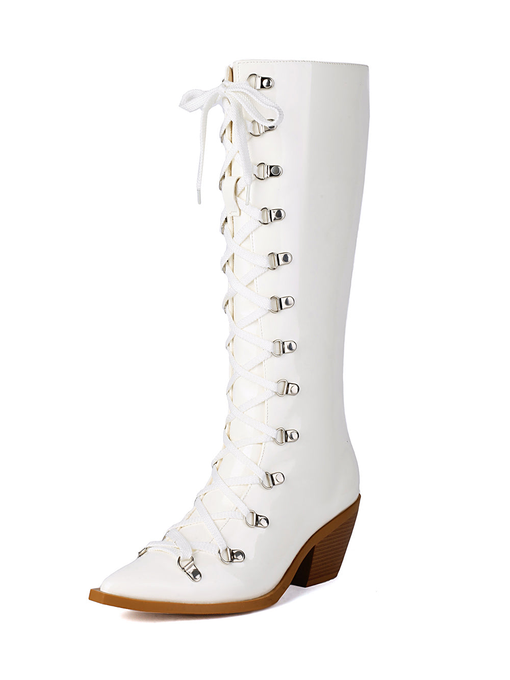 <tc>White Patent Leather Pointed Toe Block Heel Lace up Knee High Boots</tc>