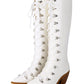 <tc>White Patent Leather Pointed Toe Block Heel Lace up Knee High Boots</tc>