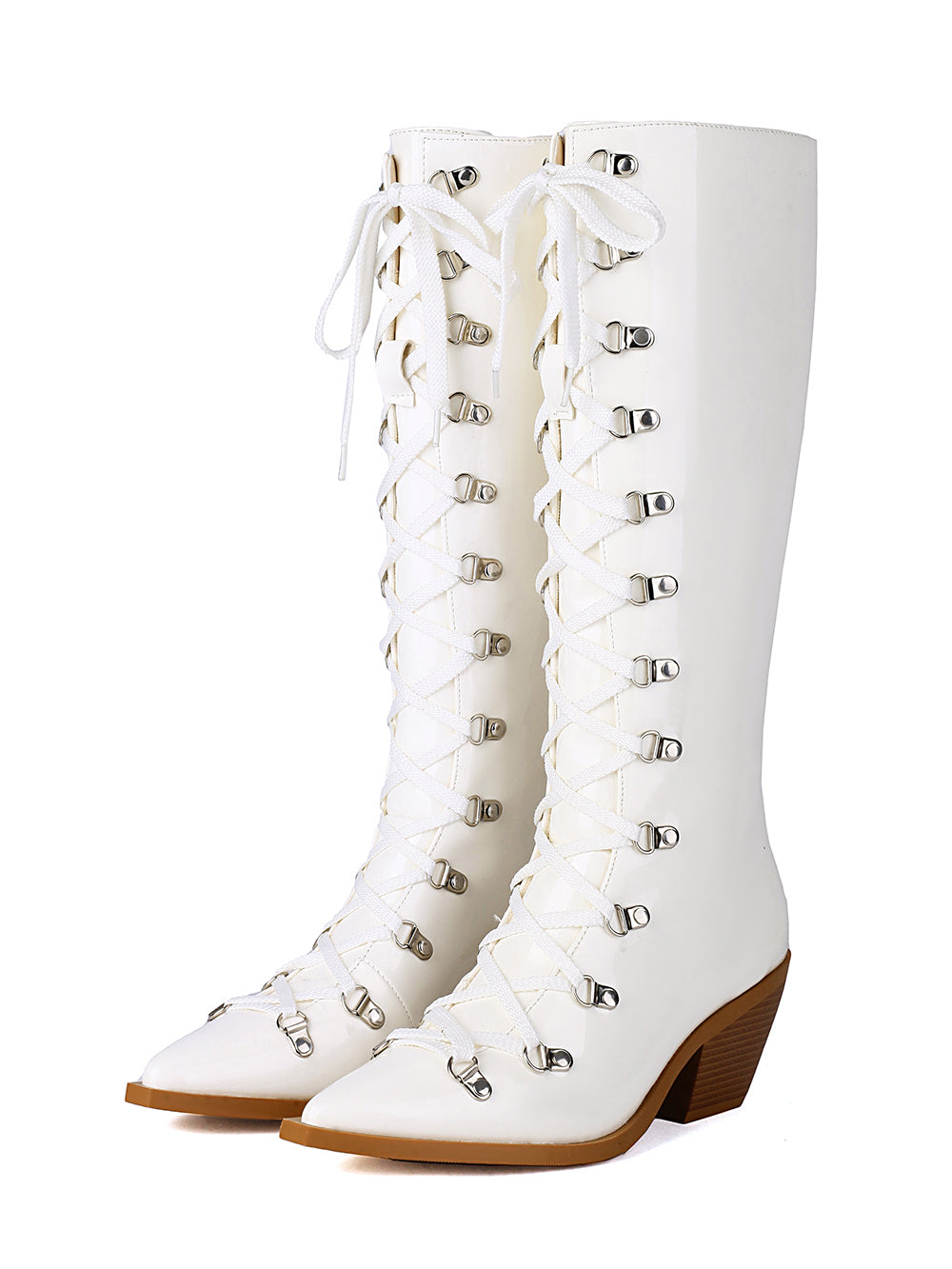 <tc>White Patent Leather Pointed Toe Block Heel Lace up Knee High Boots</tc>