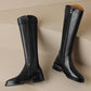 <tc>Women's Black Leather Flat Buckle Knee High Boots Round Toe Ridding Boots</tc>