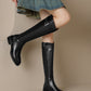 <tc>Women's Black Leather Flat Buckle Knee High Boots Round Toe Ridding Boots</tc>