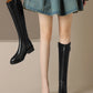 <tc>Women's Black Leather Flat Buckle Knee High Boots Round Toe Ridding Boots</tc>