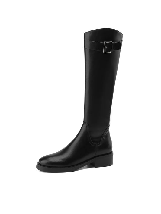 <tc>Women's Black Leather Flat Buckle Knee High Boots Round Toe Ridding Boots</tc>