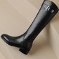 <tc>Women's Black Leather Flat Buckle Knee High Boots Round Toe Ridding Boots</tc>