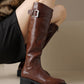 <tc>Women's Brown Leather Flat Buckle Knee High Boots Round Toe Ridding Boots</tc>