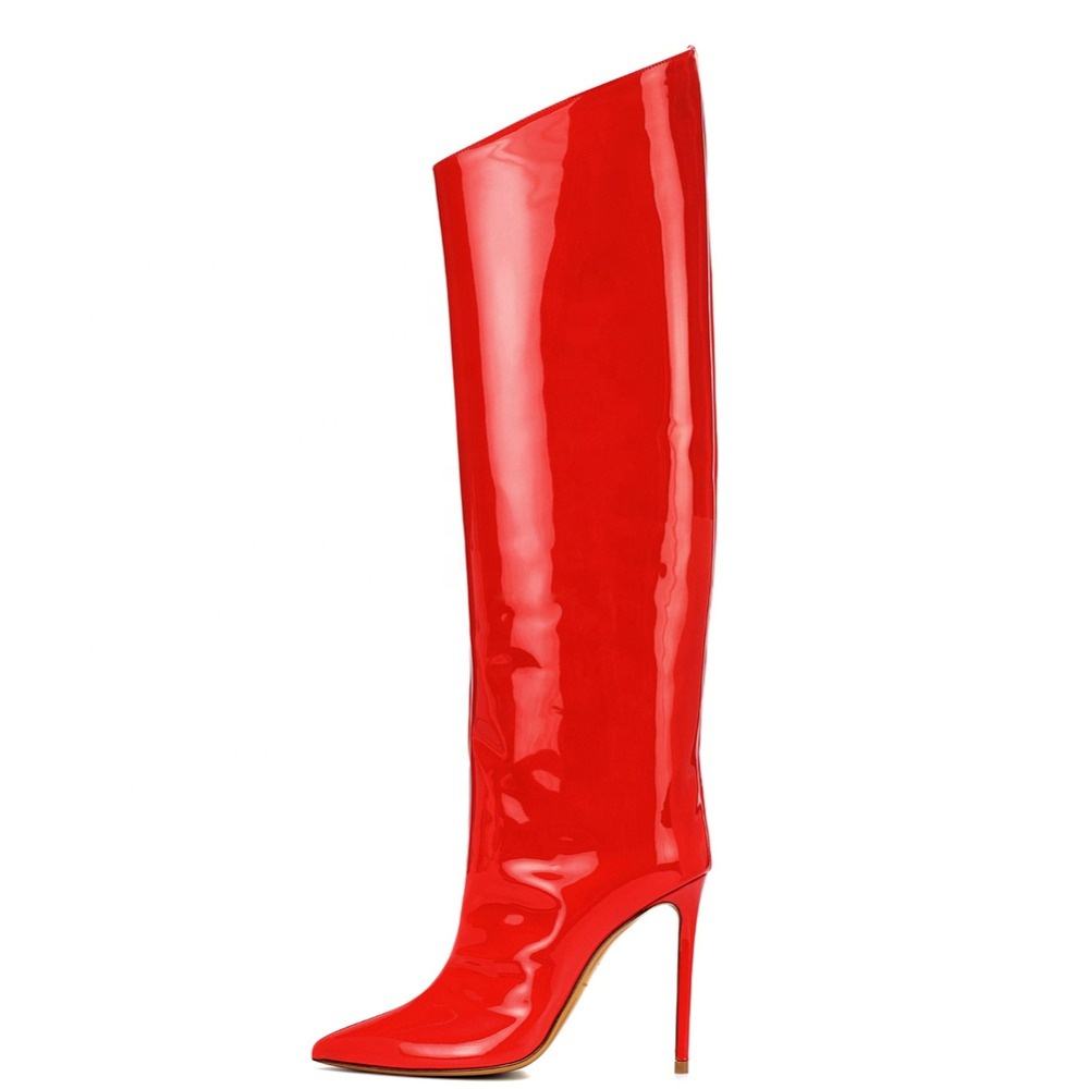 Women High Heel Slouch Long Boots Patent Leather Pointed Toe Knee High Boots