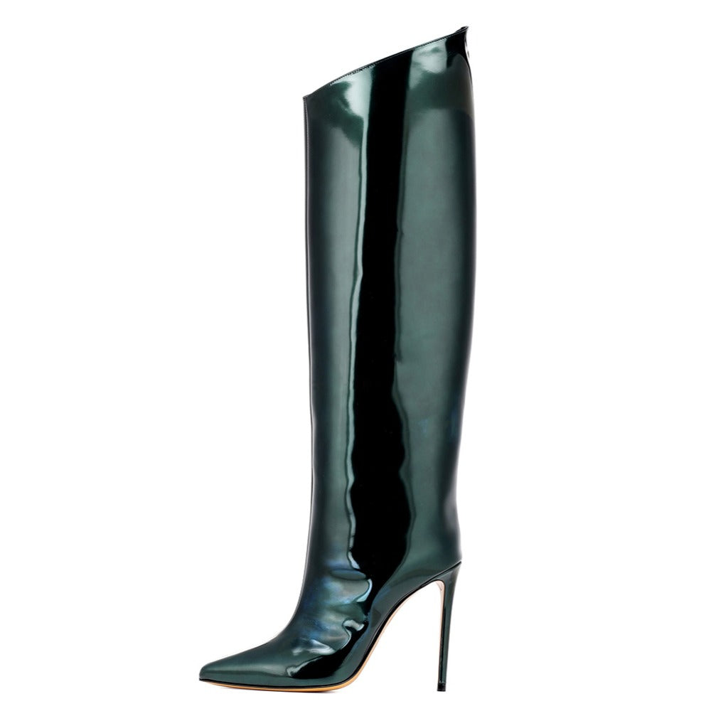 Women High Heel Slouch Long Boots Patent Leather Pointed Toe Knee High Boots