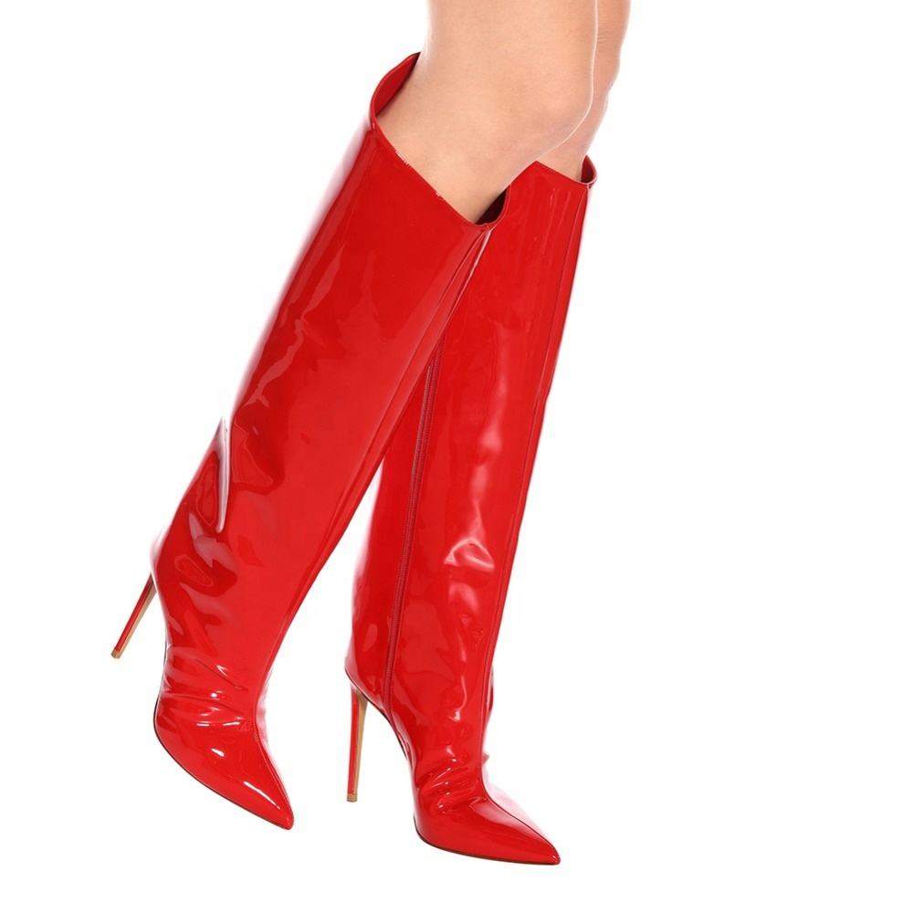 Women High Heel Slouch Long Boots Patent Leather Pointed Toe Knee High Boots